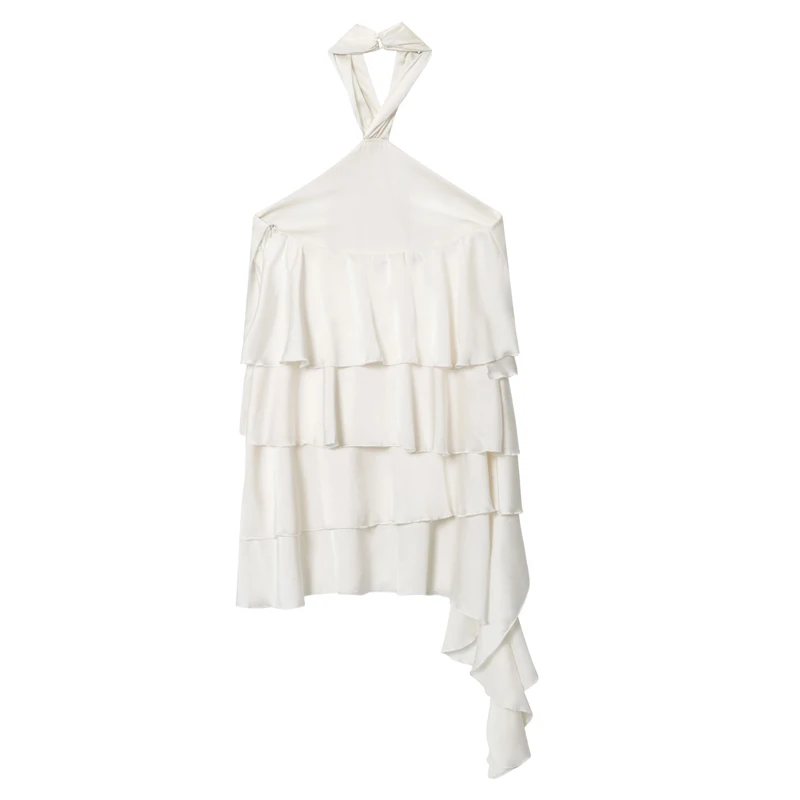 非対称ショートホルターネックレディースドレス新しい白いフリルバックレスノースリーブレイヤードチュールドレスエレガントなパーティービーチドレス