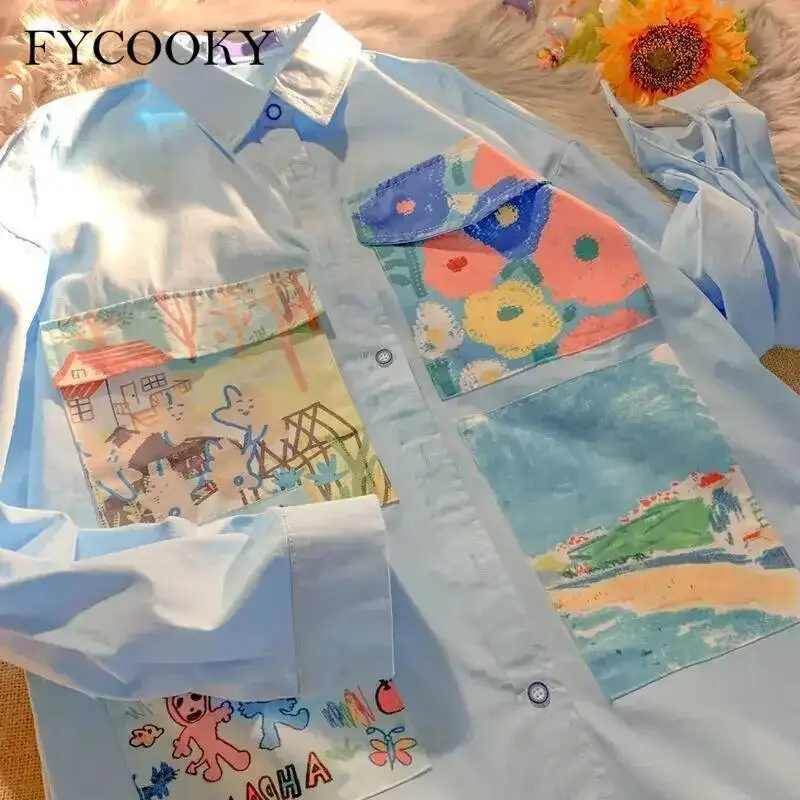 

Желтые рубашки с принтом масляной живописи, женские весенне-осенние тонкие свободные блузки на пуговицах, рубашка большого размера с длинными рукавами для девочек-подростков