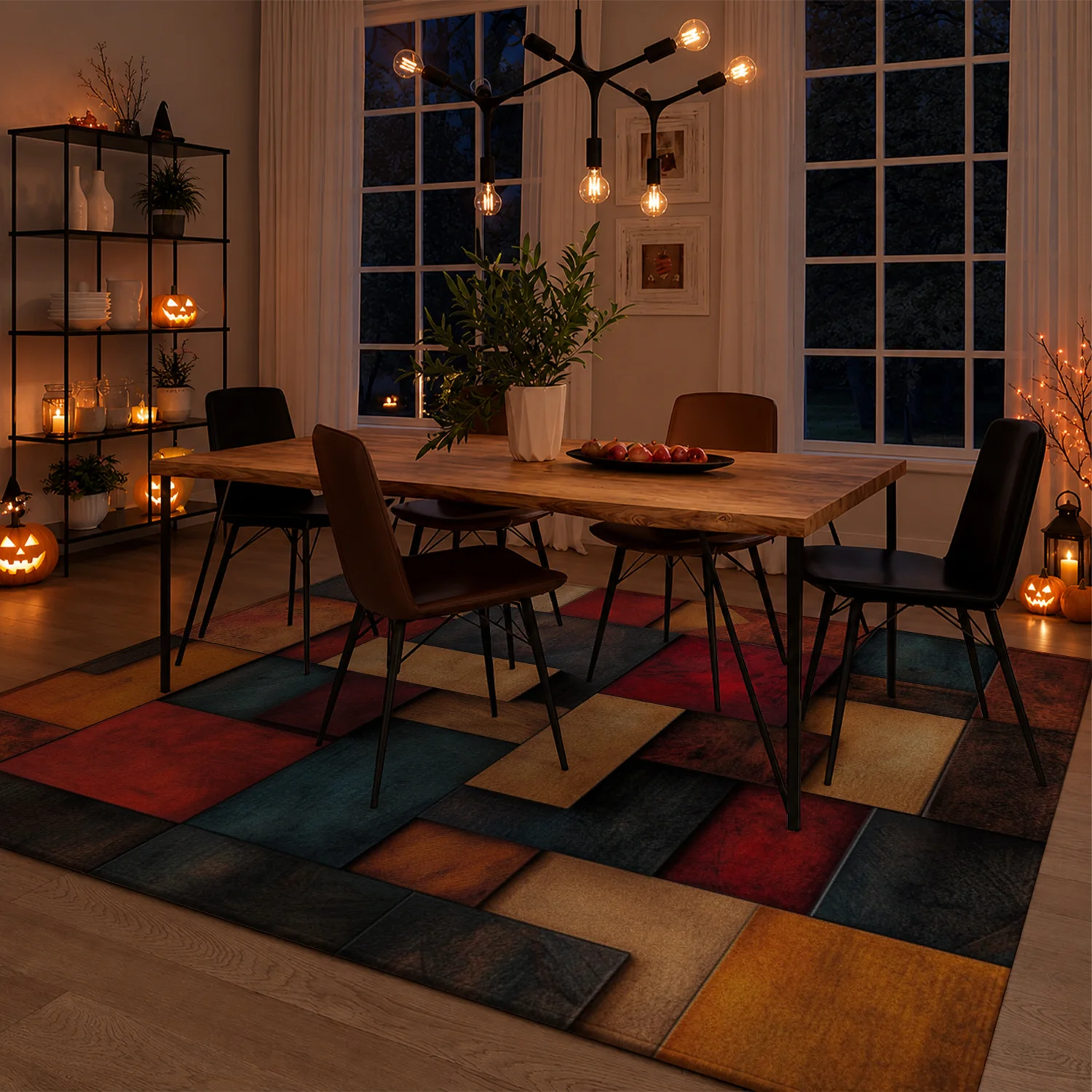 Large Indoor Area Rug, Soft Velvet Low Pile Non-Slip Dotted Backing, Machine Washable Rustic Geometric Wood Block Mosaic Rug for Living Room, Bedroom, Mid-Century Modern Home Decor