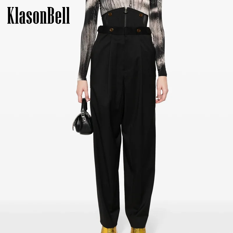 

9.21 KlasonBell Fashion Fishbone Waist Seal Spliced High Waist Suit Pants Zipper Button Black Straight Trousers