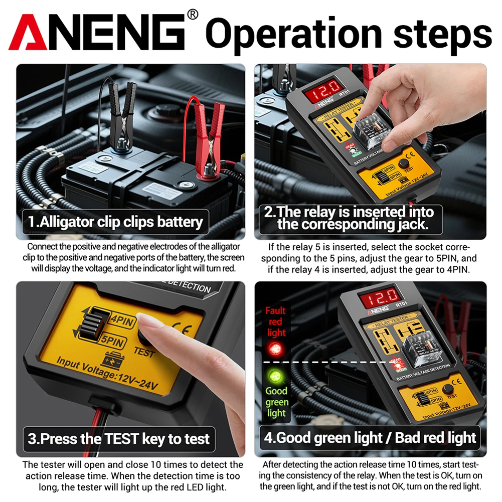 ANENG RT01 디지털 릴레이 감지기 차량 감지 배터리 11-25V 전압 수리 4/5 피트 소켓 릴레이 분석 LED 표시기