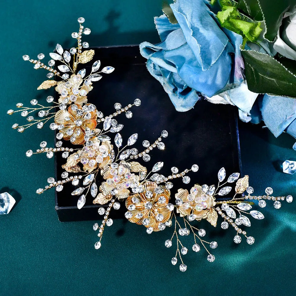 

Bridal Hairpiece Golden Floral Headband Bride Photoshoot Pearl Hair Accessory Wedding Dress Decoration Birthday Gifts for Women