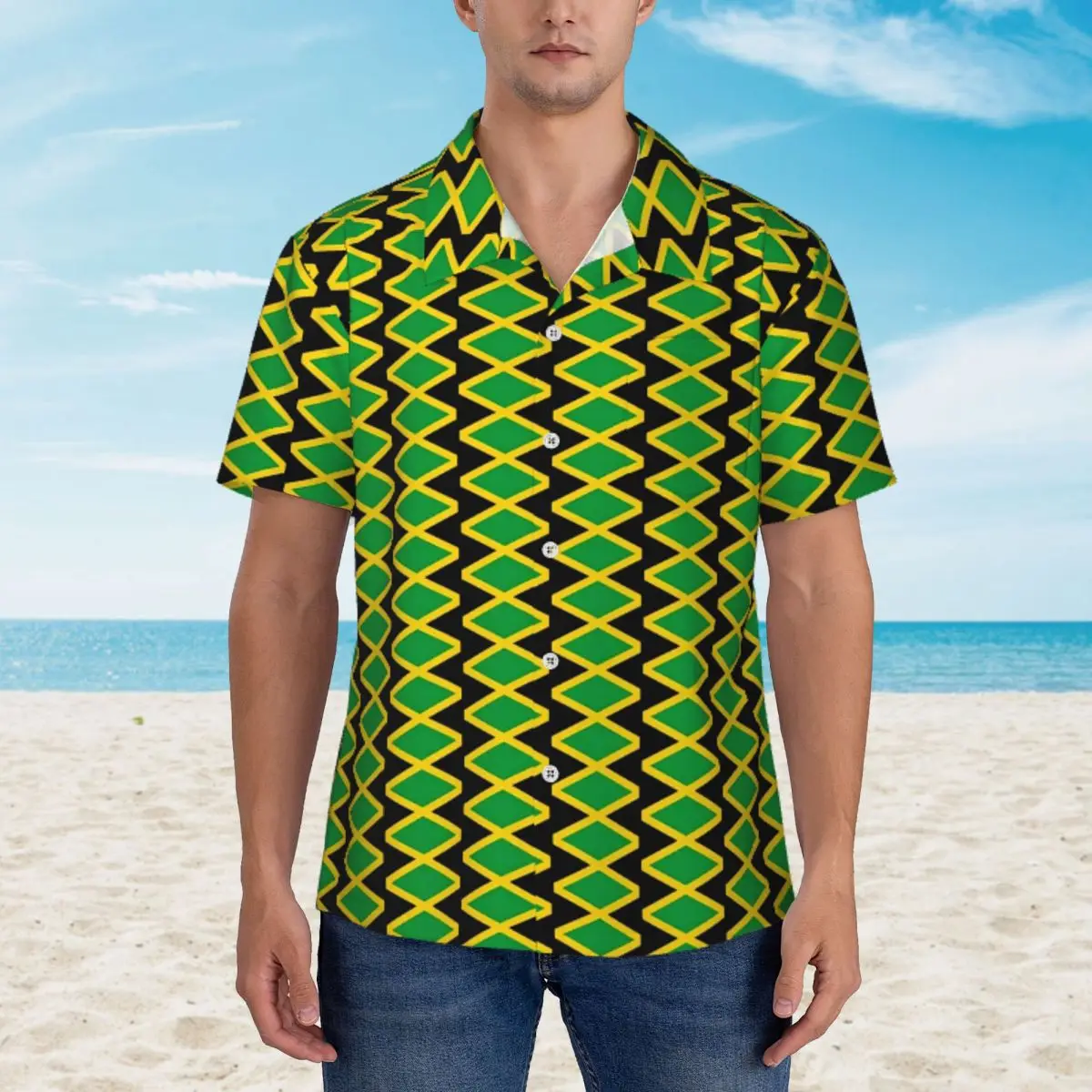 Jamaican Flag Beach Shirt Yellow Green Hawaiian Casual Shirts Men Vintage Blouses Short-Sleeve Y2K Street Custom Tops