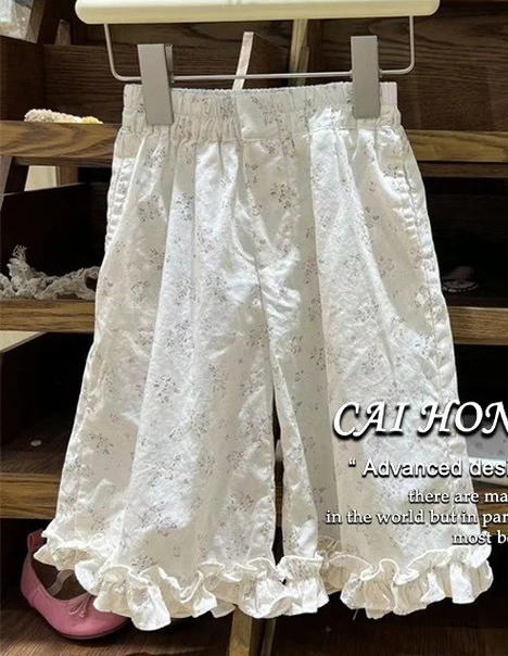 

Свободные брюки для девочек, новинка лета 2025 года, корейские кружевные свободные прямые брюки для девочек, детские милые повседневные брюки
