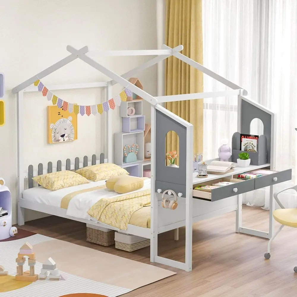 

Solid Wood Montri Bed with Study Desk, Storage Drawers, and Hanging Hooks, Suitable for Kids' Rooms, No Box Spring Required