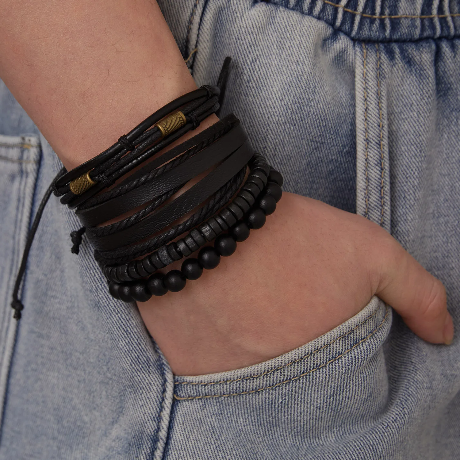 4Pcs/Set Braided Wrap Leather Bracelet for Men Women Vintage Yin Yang Infinity Wood Beads Charm Bracelets Male Wristband Jewelry