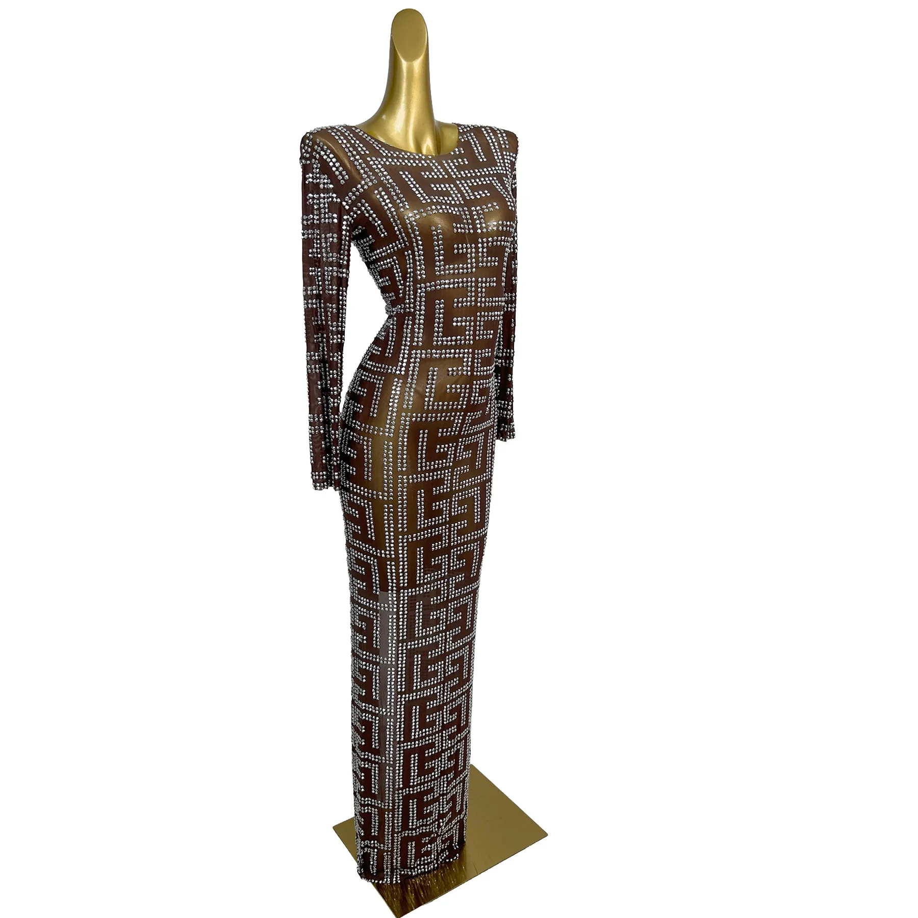 Sexy Perspective Long Sleeves Crystal Evening Prom Celebration Long Dress Women Floor Length Night Club Party Bodycon Dress