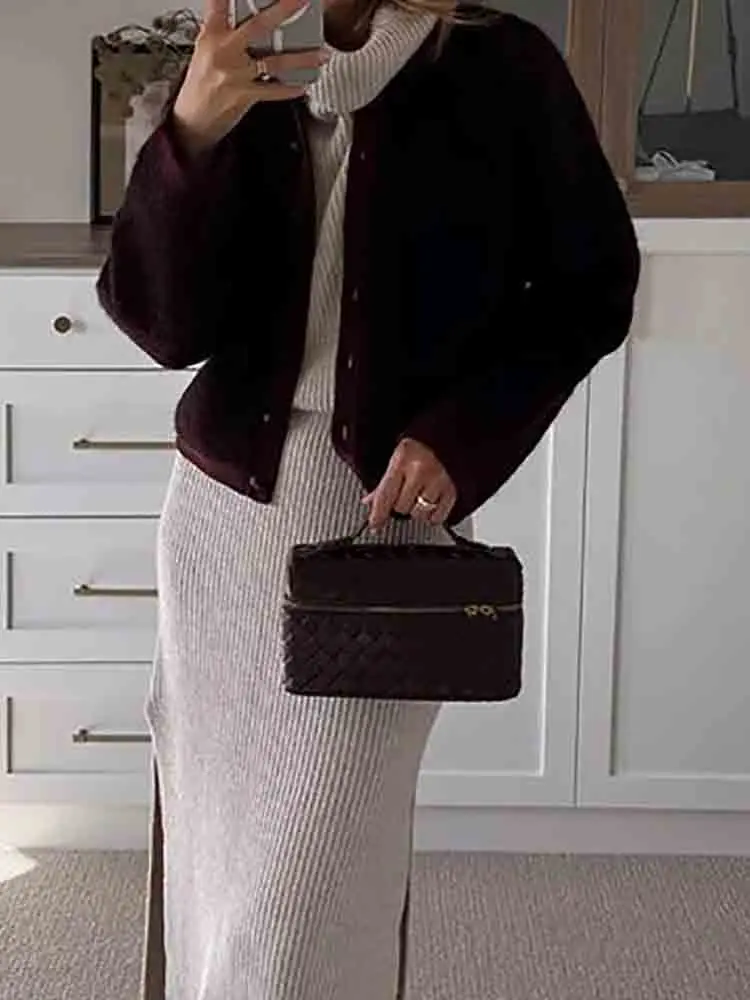 

Повседневный костюм с длинной юбкой и эластичной резинкой на талии, простой однотонный тонкий вязаный наряд, женский свитер без рукавов с ворсовым вырезом, комплект из 2 предметов