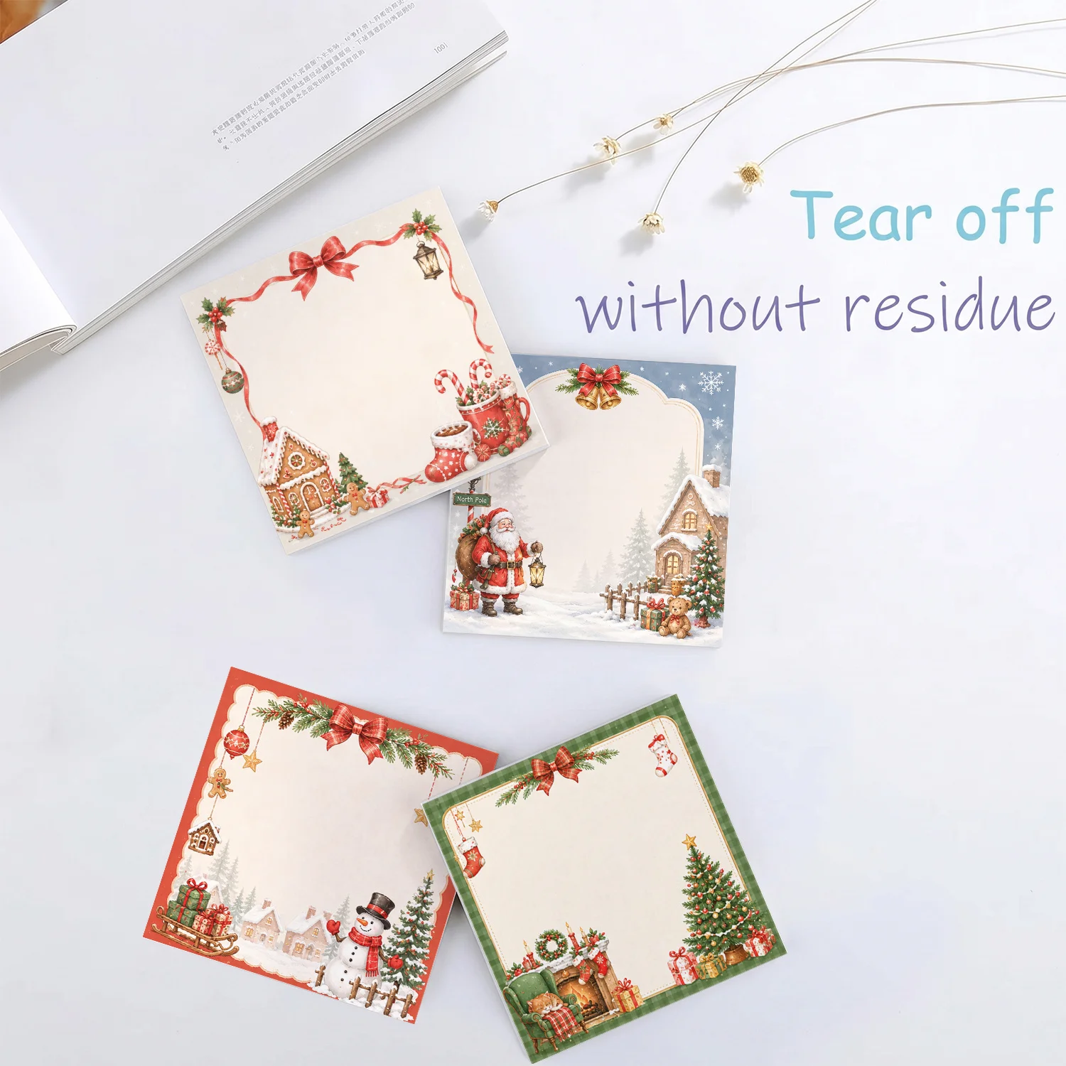 4 Random Styles of Christmas Sticky Notes Suitable for Notes, Reminders, and Journaling - Total of 200 Sheets with Holiday-Themed Designs Including Bows, Snowmen, Santa Claus, Snow-Covered Cabins, and Christmas Trees -