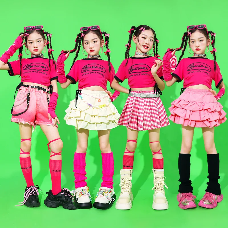 Mädchen Schöne Street Hip Hop Crop Top Silber Tiered Röcke Kind Gedruckt T-shirt Kleidung Sets Kinder Street Dance Jazz Kostüme