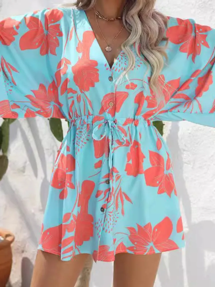 Sukienka plażowa z nadrukiem, damska, modne rękawki 3/4, dekolt w serek, wysoki stan, zapinana na guziki, wiązana, luźna mini sukienka dla kobiet, codzienna, wakacyjna, w stylu boho, nowa.