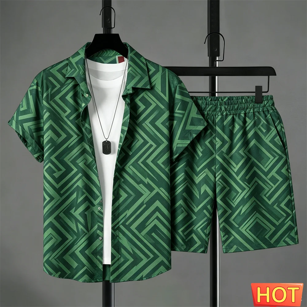 Summer outfits man shirt set graphics Leisure shirt set Line pattern 2piece set leisure vacation outfit two piece fashion outfit