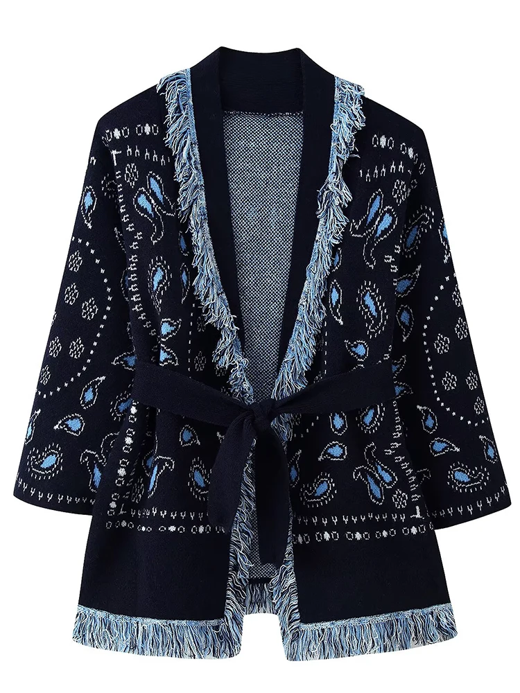 

Women Knitted Cardigan 2025 Women Fashion Printing Long Sleeve Tassel Decoration Cardigan With Belt Women Elegant Knitted