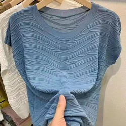 Fashion Summer Ice Silk New Short Sleeve Knitted T-shirt Women Round Neck Solid Patchwork Slim Simple Versatile Loose Thin Top