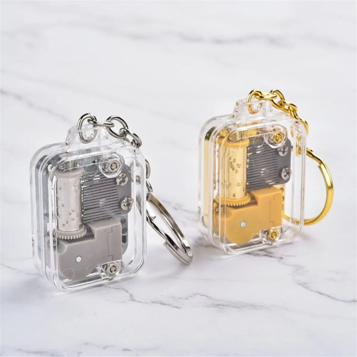 828 Mega Sale 1set/2pcs Music Box Keychain, 1 Gold and 1 Transparent Acrylic Mini Winding Music Keychain Gift with Song