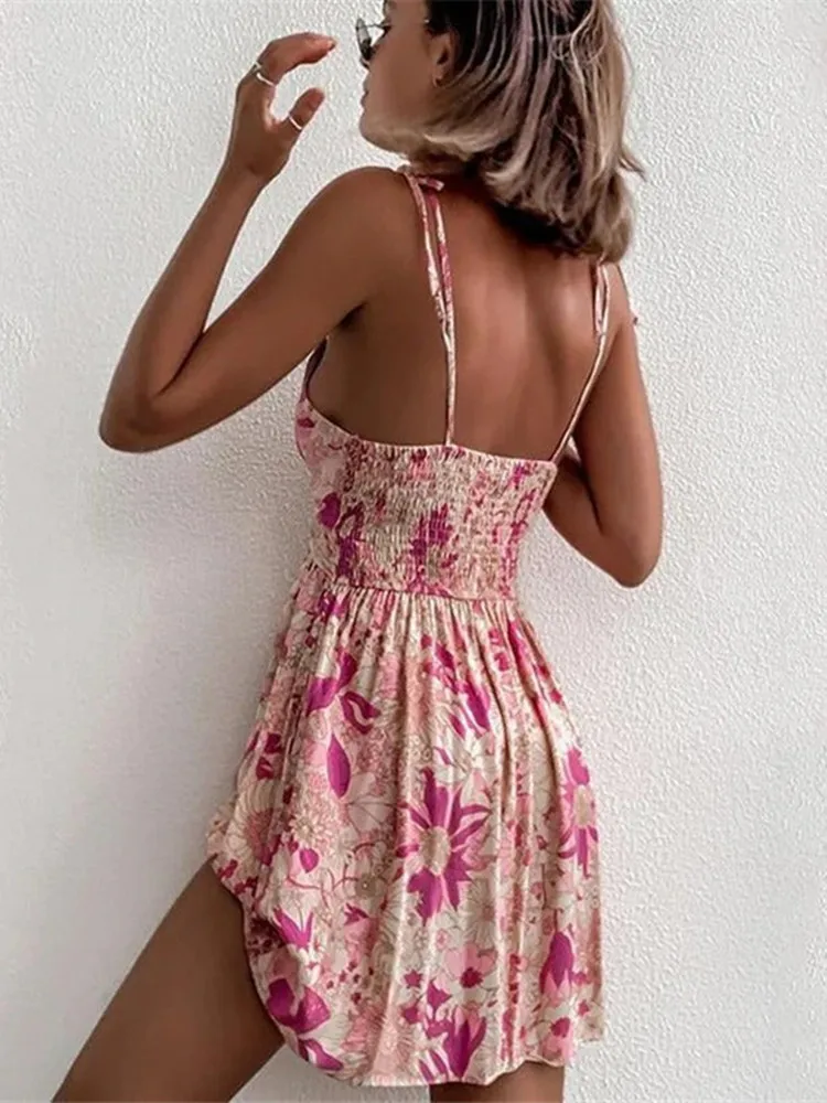 Hirigin ดอกไม้ Boho ชุดสตรีสีชมพูดอกไม้พิมพ์ Bohemian Beach สไตล์ฤดูร้อนชุดมินิเดรส Ruffled Backless Sundress 2022