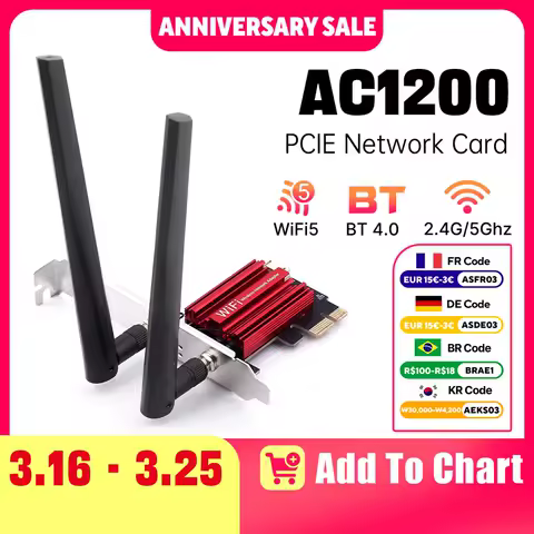 FENVI WiFi5 PCIE WiFi Adapter Wireless Network Card 1200Mbps BT4.0 Dual Band 2.4G/5GHz 802.11AC For Desktop Win 7/10/11