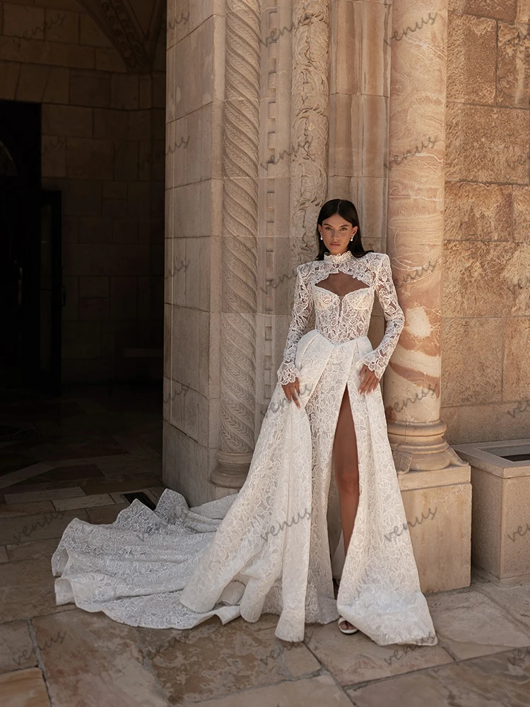 فساتين زفاف براقة ألف خط زي العرائس الفاخرة مثير عالية الشق الجلباب كامل الأكمام سترة Vestidos De Novia مخصصة 2025