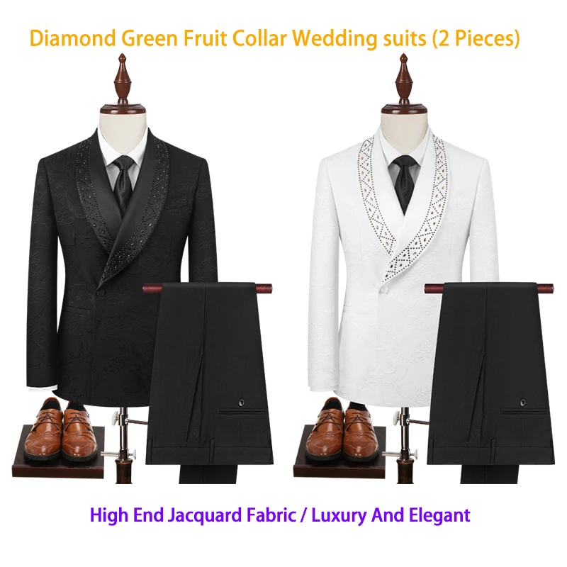 

2025 High End Light Luxury Jacquard Hot Diamond Green Fruit Collar Wedding Suits for Men,Black/white Mens Evening Dress 2 Piece