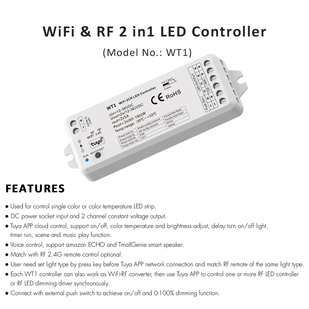 Tuya Smart Life LED Dimmer 12V 24V 36V 10A RF 2.4G Remote Voice Control Wifi Single Color CCT Controller WT1 Work with Alexa