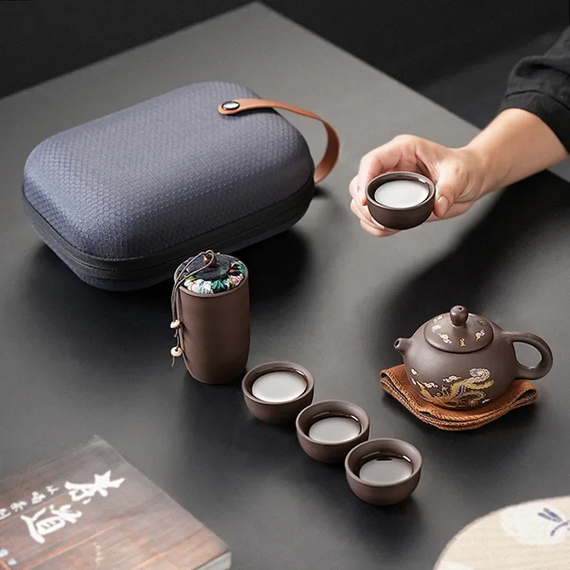 Purple Clay Travel Tea Set 1 Pot 4 Cups Outdoor Portable Storage