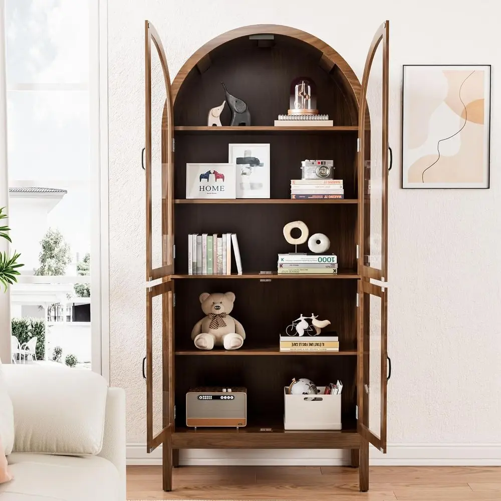 70.9 Tall Walnut Acrylic Glass Display Cabinet for Collectibles, 5-Tier Curio Case for Living Room view 3