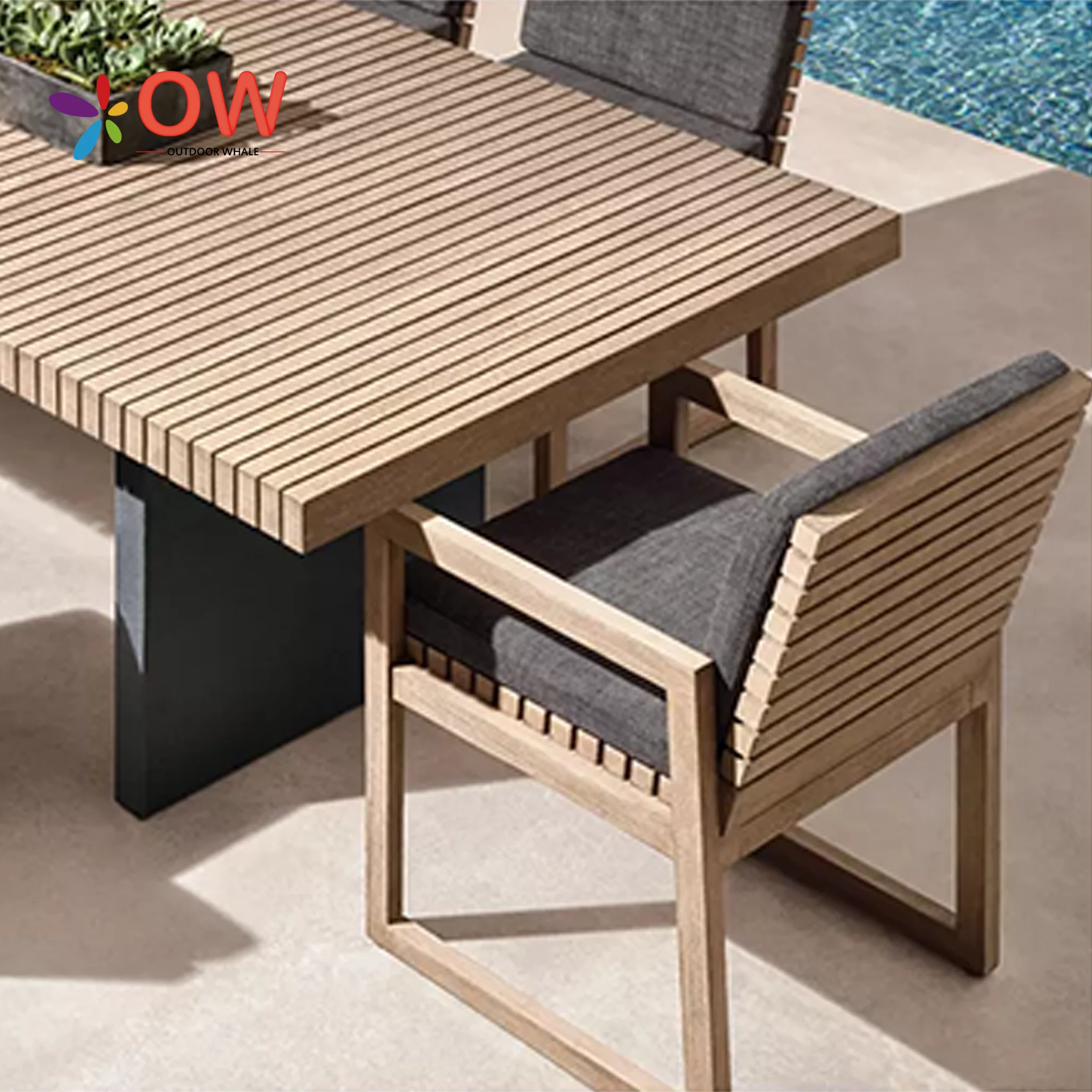 Striped Teak Dining Table And Chairs Patio Dining Set Luxury Hotel Outdoor Dining Chair Outdoor Tables For Exterior