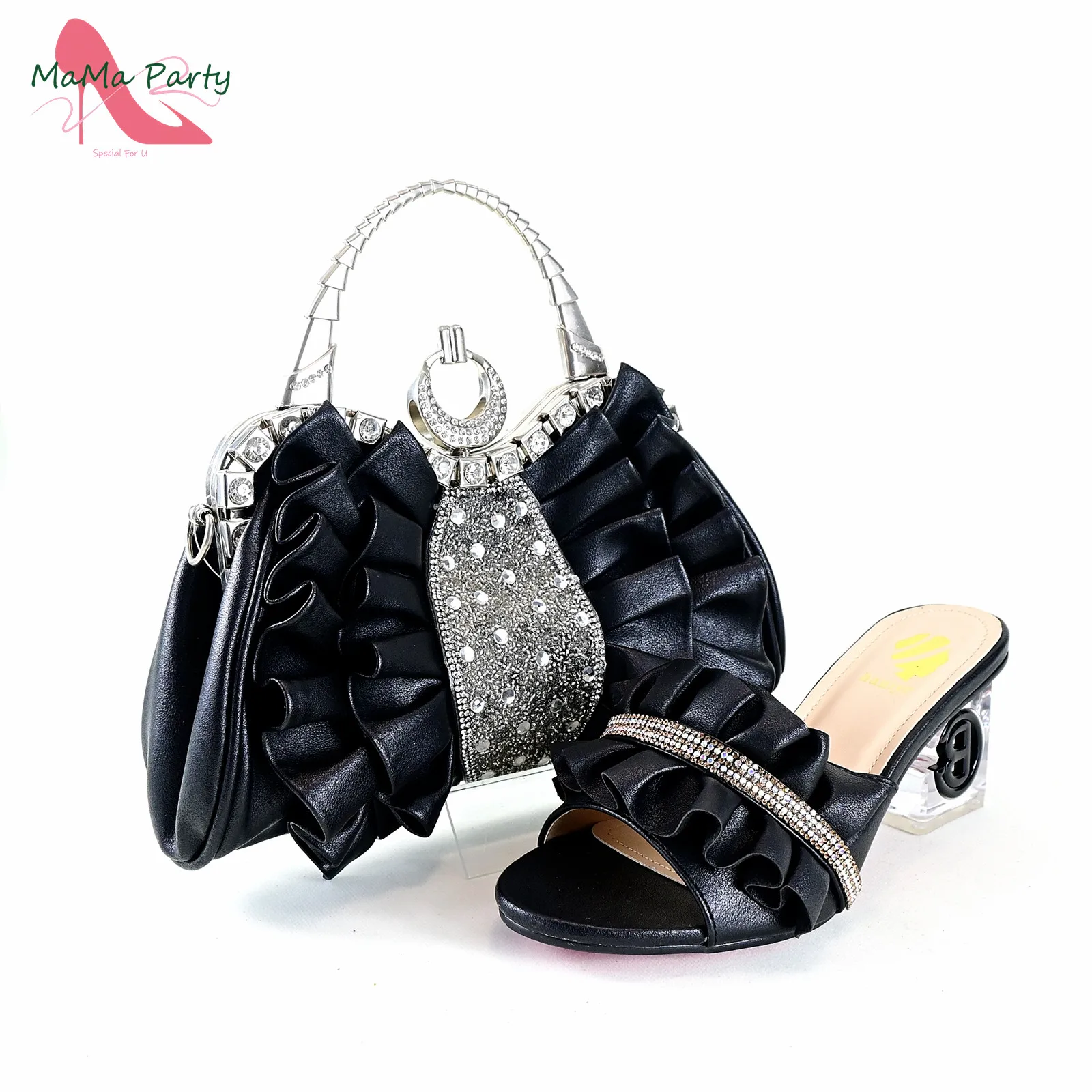 Fashionable New Arrivals Italian Ladies Shoes Matching Bag Set in Black Color with Appliques 2024 INS Hot Sale Slipper for Dress