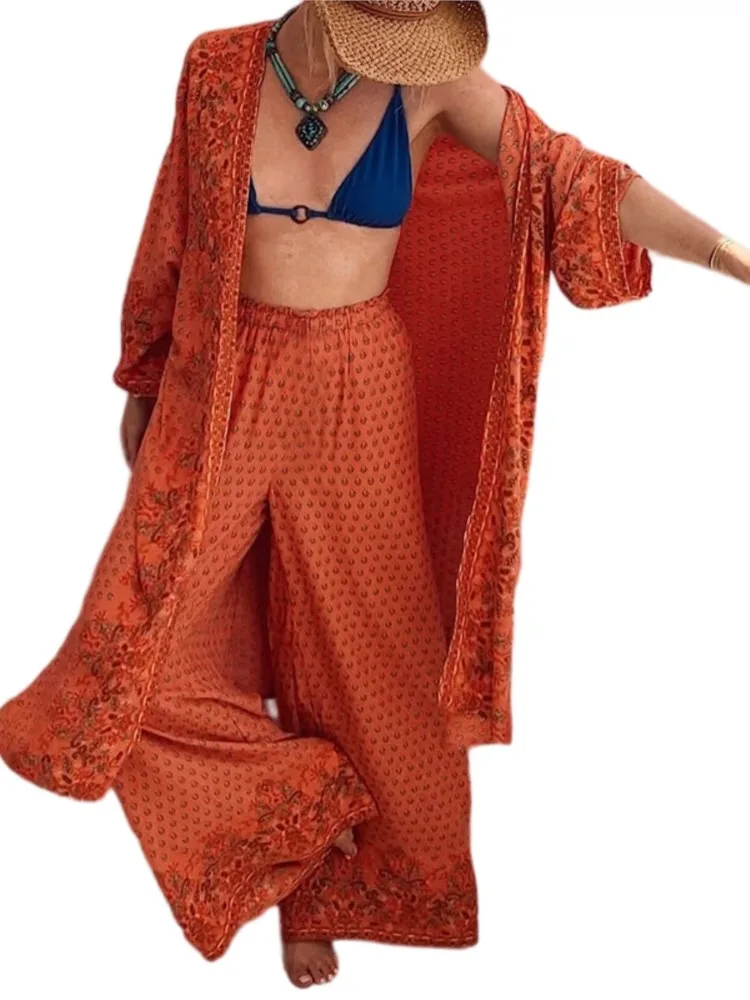 Cardigan a maniche lunghe stampato alla moda + pantaloni lunghi Set da due pezzi per la primavera estate Set di pantaloni larghi a gamba larga da donna