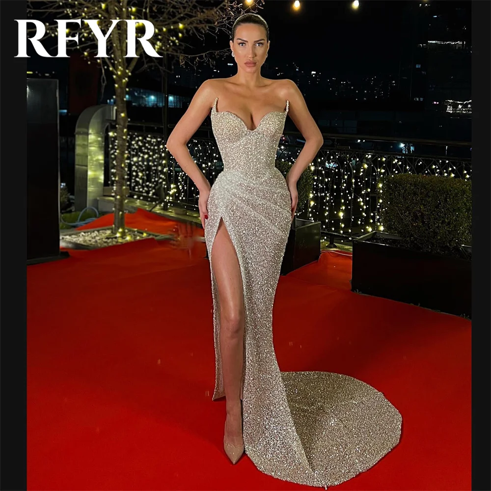 RFYR Sexy Sequins Evening Dress Sexy Side High Split Sweetheart Prom Dress Sweep Train Red Carpet Long Dress for Special Day