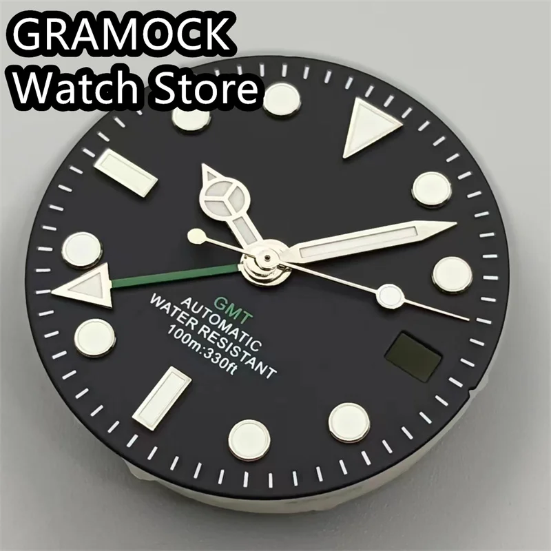 GRAMOCK 29mm NH34 Watch Dial GMT Four Hands Green Luminous Watch Dial for NH34 Movement Modified Dials Replacement Watch parts