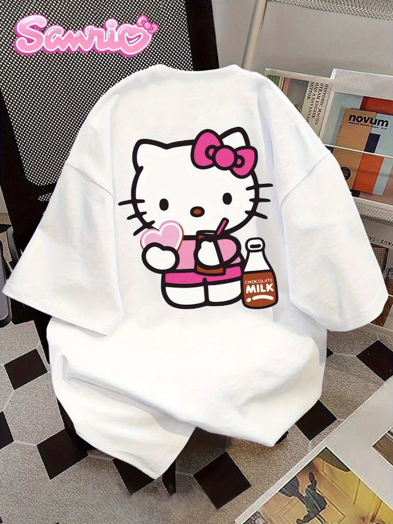 산리오 헬로 키티 여성용 티셔츠 - 귀여운 만화 초콜릿 우유 프린트, 하트와 병 데칼 디테일 캐주얼 라운드 넥 티셔츠