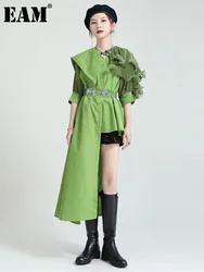 [EAM] Camicetta lunga a pieghe irregolari verde da donna Nuova camicia ampia a maniche lunghe con risvolto Moda marea Primavera Autunno 2024 1DF4826