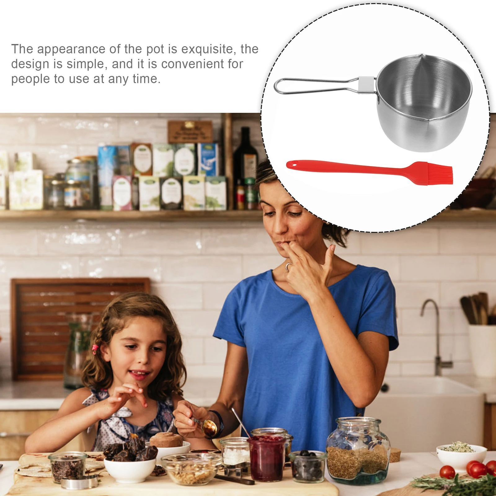 

1Set Stainless Steel Sauce Pot Silicone Brush Long Handle Saucepan High Temperature Resistant Multipurpose Kitchen Cooking Pot