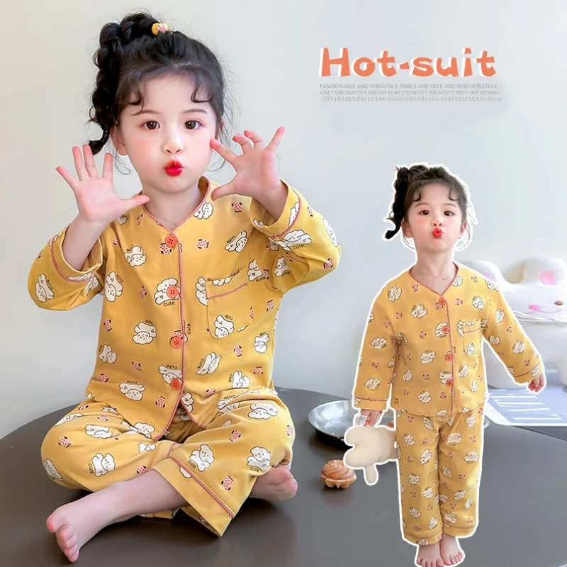 

Baby Girls Pajamas Sets Kids Button Down Sleepwear Baby Sleeping Set Little Girl Pajama Princess Cotton Softy Sleepwear Age 2-9Y