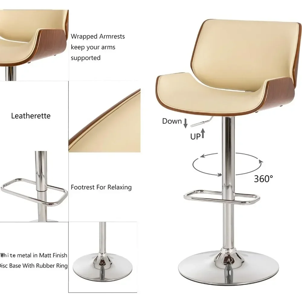 Ajustável PU Leather Bar Stool Set, cadeiras de jantar com costas, giratória, meados do século, moderno, adequado para Bar Counter, 2