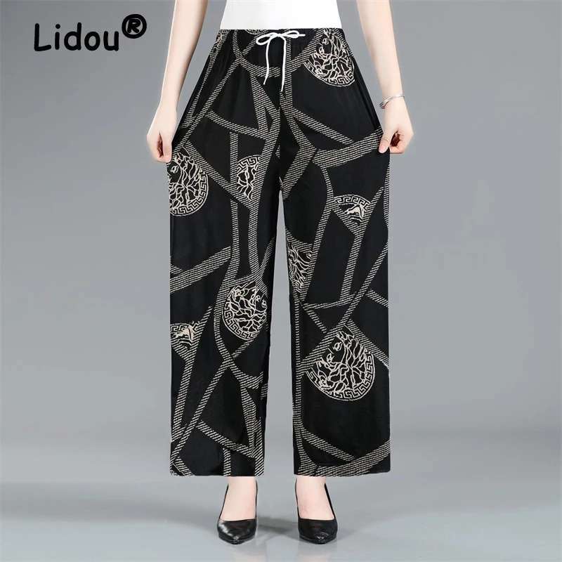 

Middle-aged Elderly Women Retro Fashion Print Wide Leg Pants Ladies Elegant High Waist Straight Trousers Casual Loose Pantalones