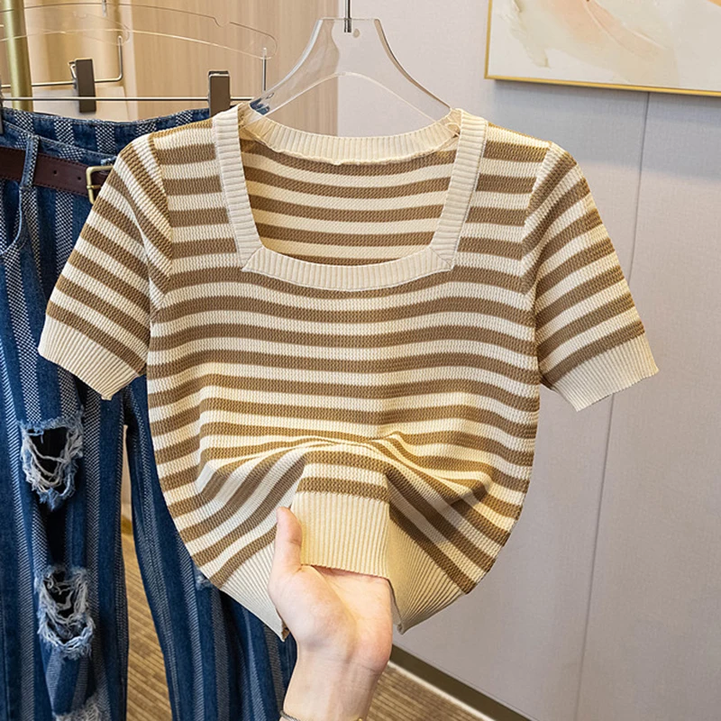 

Square Collar Crop Top Striped T Shirt Women Knitted Camisetas Womens 2023 Summer Korean Style Woman Clothes Short Sleeve Tshirt