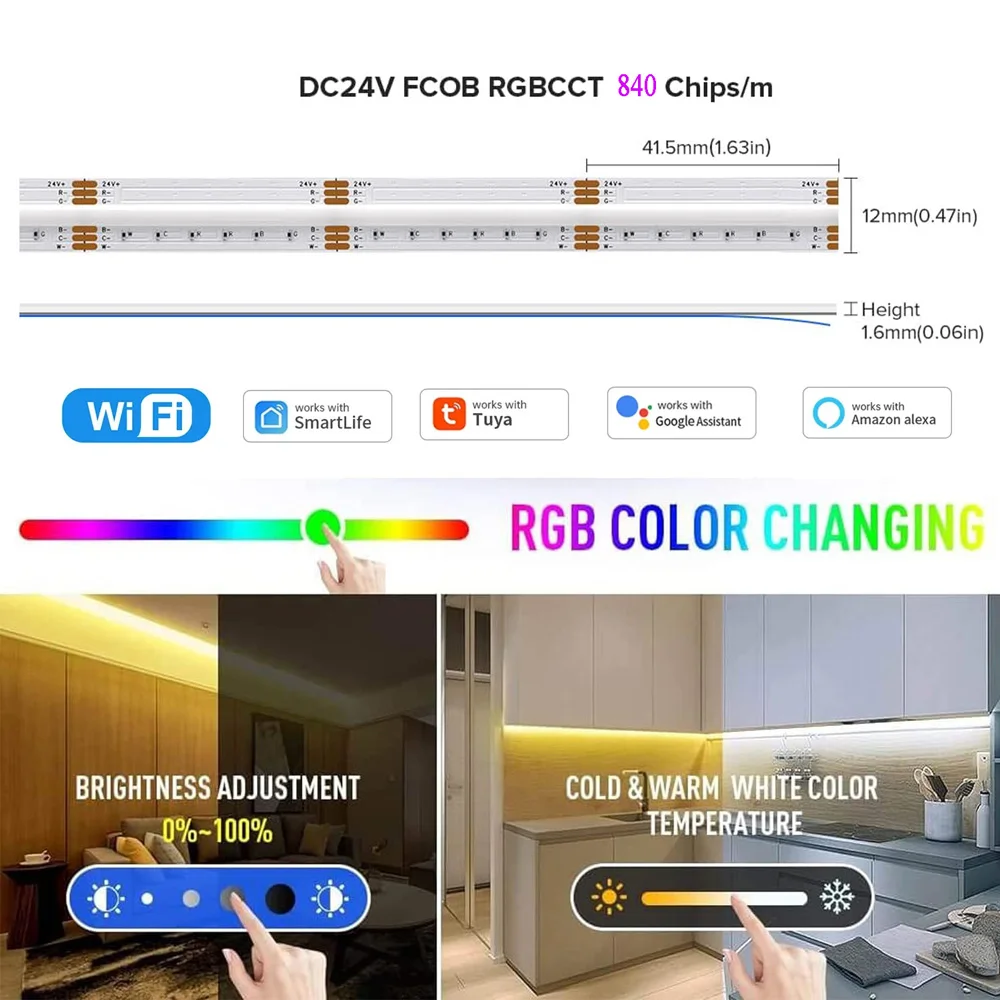 WIFI TUYA COB RGBCCT LED Strip KIT 24V 840 Leds/M Dimmable Indoor Lighting Decoration With Smart RGBCCT Controller LED Driver