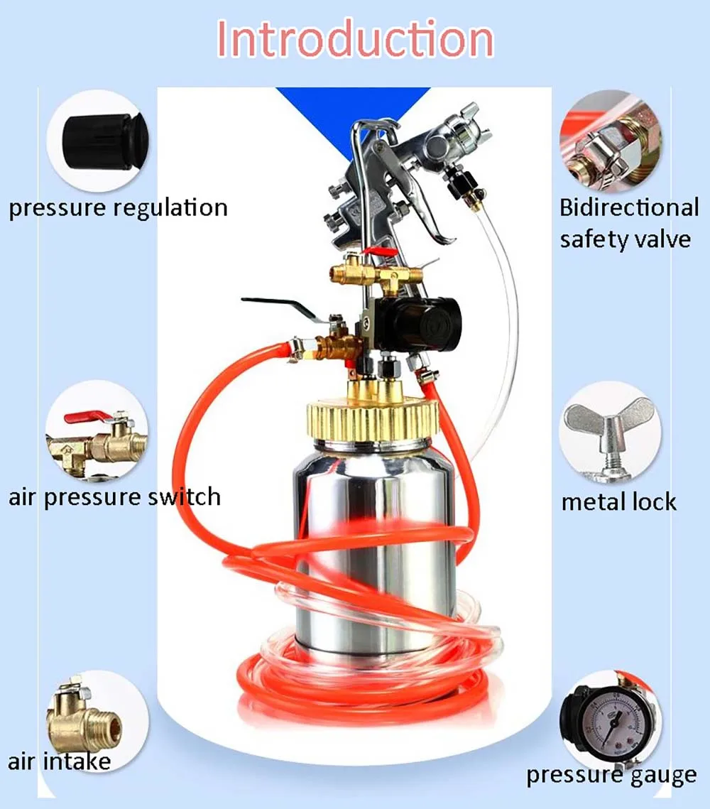 High Pressure Paint Pot 2L Sprayer Tank Spray Gun With Hose for Home Industrial Commercial Painting Spraying Coating