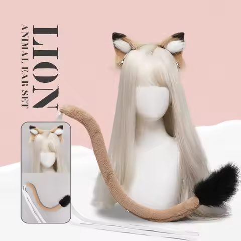Lolita Plush Hairpin Realistic Lion Ears Headband Tail Set Furry Hairband Cute Headpiece Anime Fancy Dress Cosplay Accessories