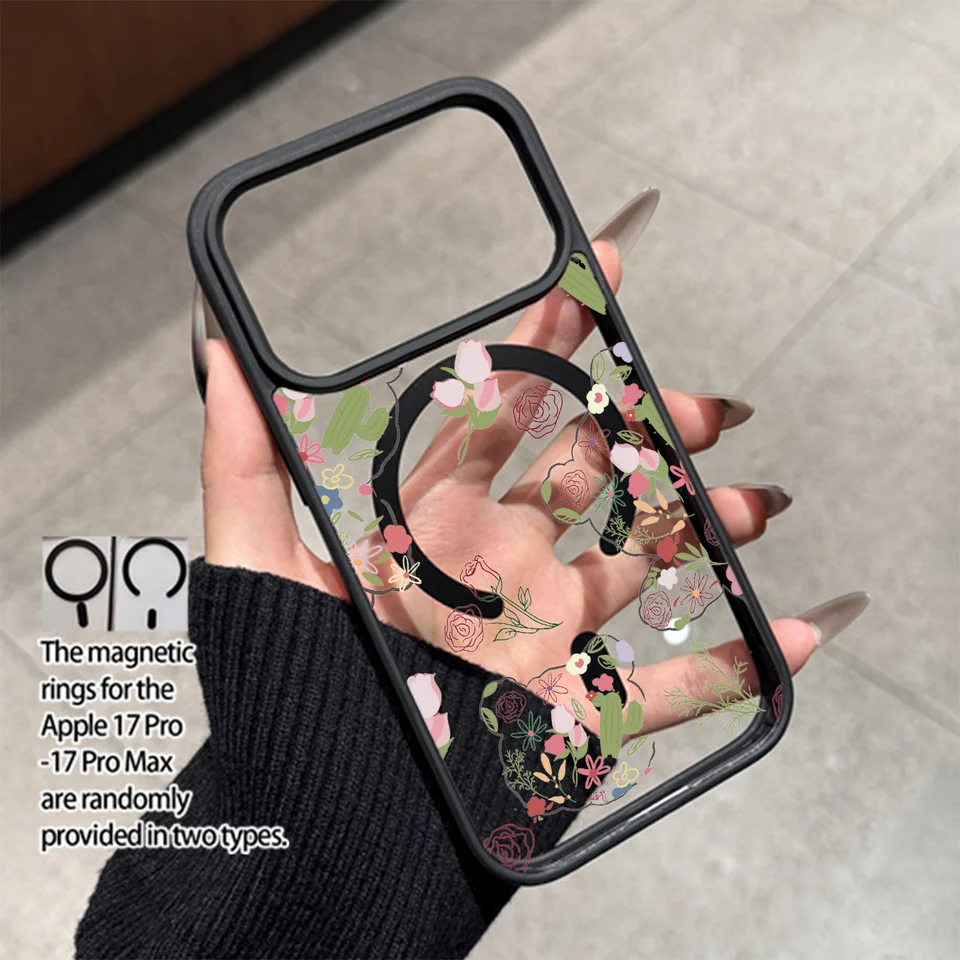 Funda magnética transparente para teléfono con estampado floral creativo en color macarrón, compatible con iPhone 11-17 Pro/Pro Max/Plus/Air y Samsung S23/S24/S25 Plus/Ultra, carga inalámbrica magnética fuerte, universal para todos los accesorios magnéticos. 3
