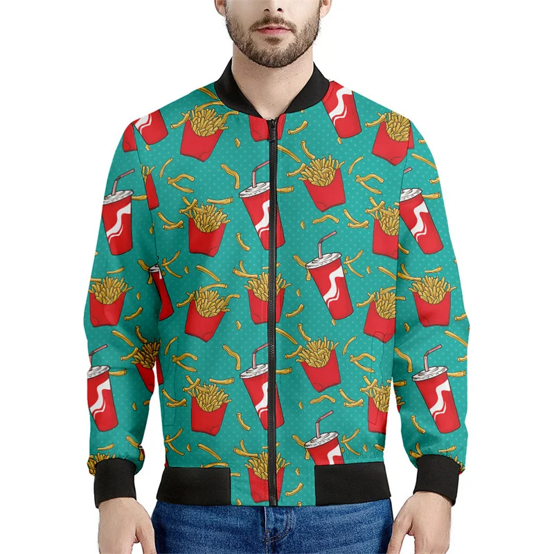 Chaqueta Bomber con estampado de dibujos animados de patatas fritas para hombre, sudadera de manga larga 3d, chaqueta Bomber de calle de gran tamaño, abrigo con cremallera