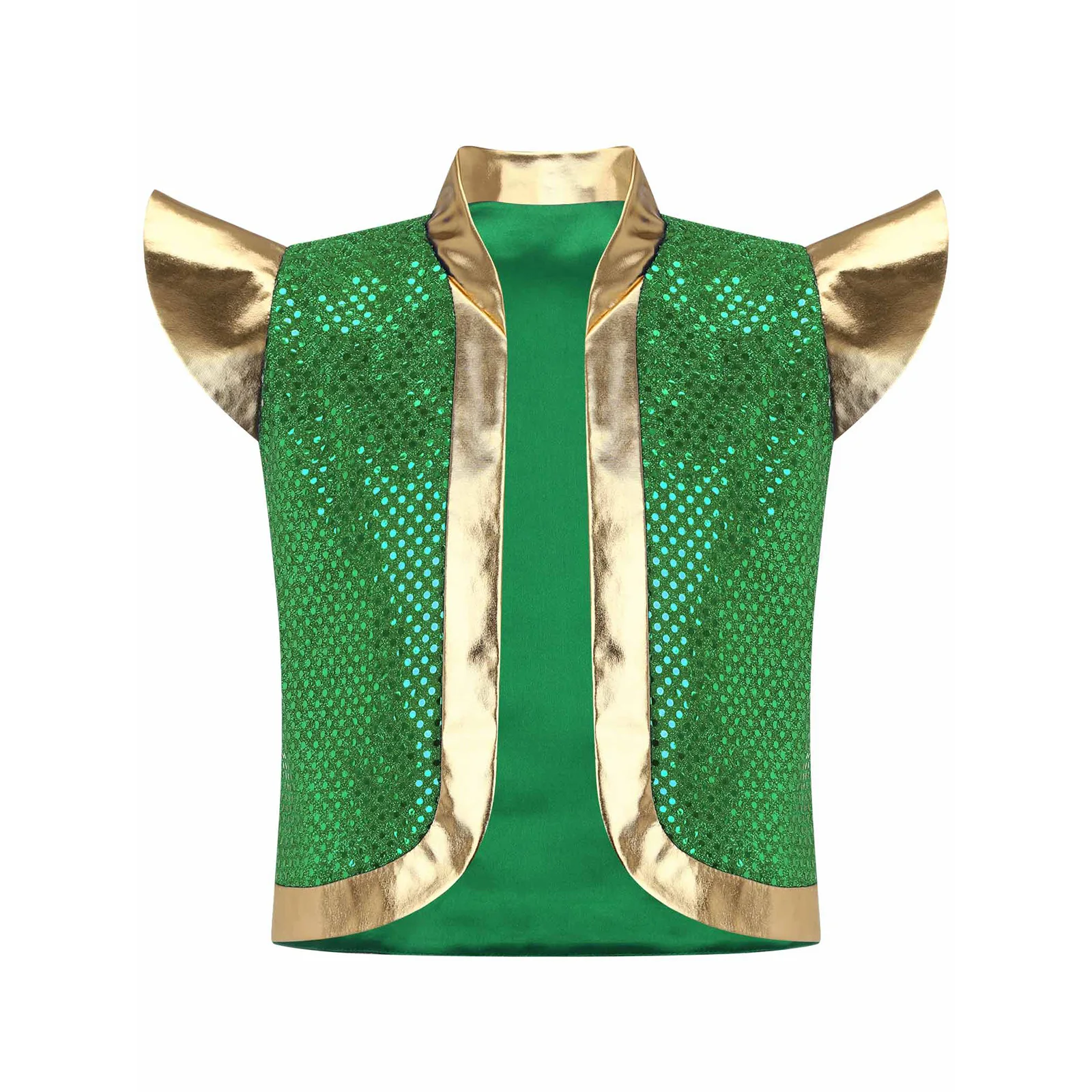 

Boys Halloween Arabian Prince Cosplay Vest Theme Party Fairy Tale Role Play Costume Shiny Sequins Metallic Open Front Waistcoat