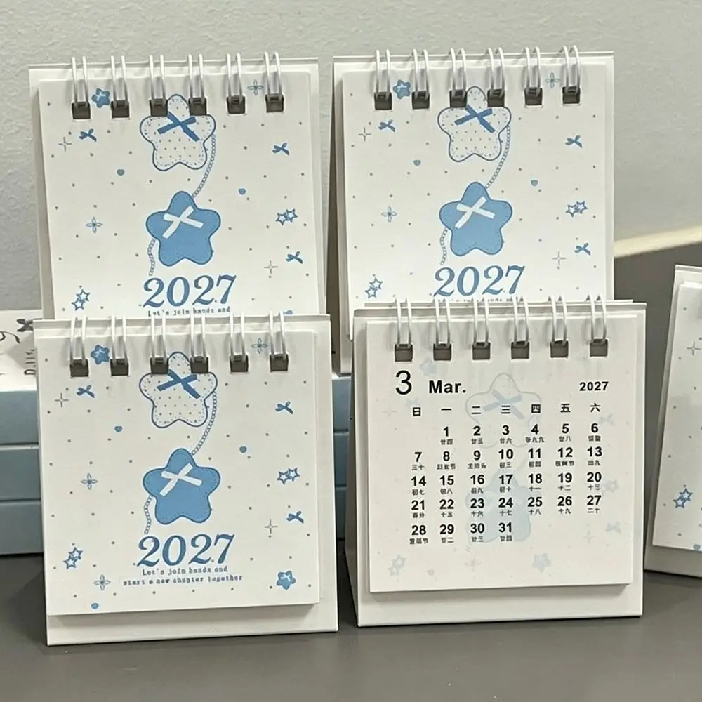 New Portable 2027 Desk Calendar Ribbon Decoration Star Decoration Mini Desk Calendar Polka Dot Pattern Desktop Calendar Student