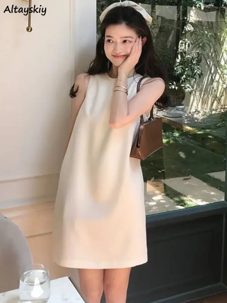 Mini pasy sukienki damskie luźne gorące słodkie czyste francuski styl cały mecz O-neck moda elegancka, letnia bez rękawów nowy Ulzzang dziewczęcy