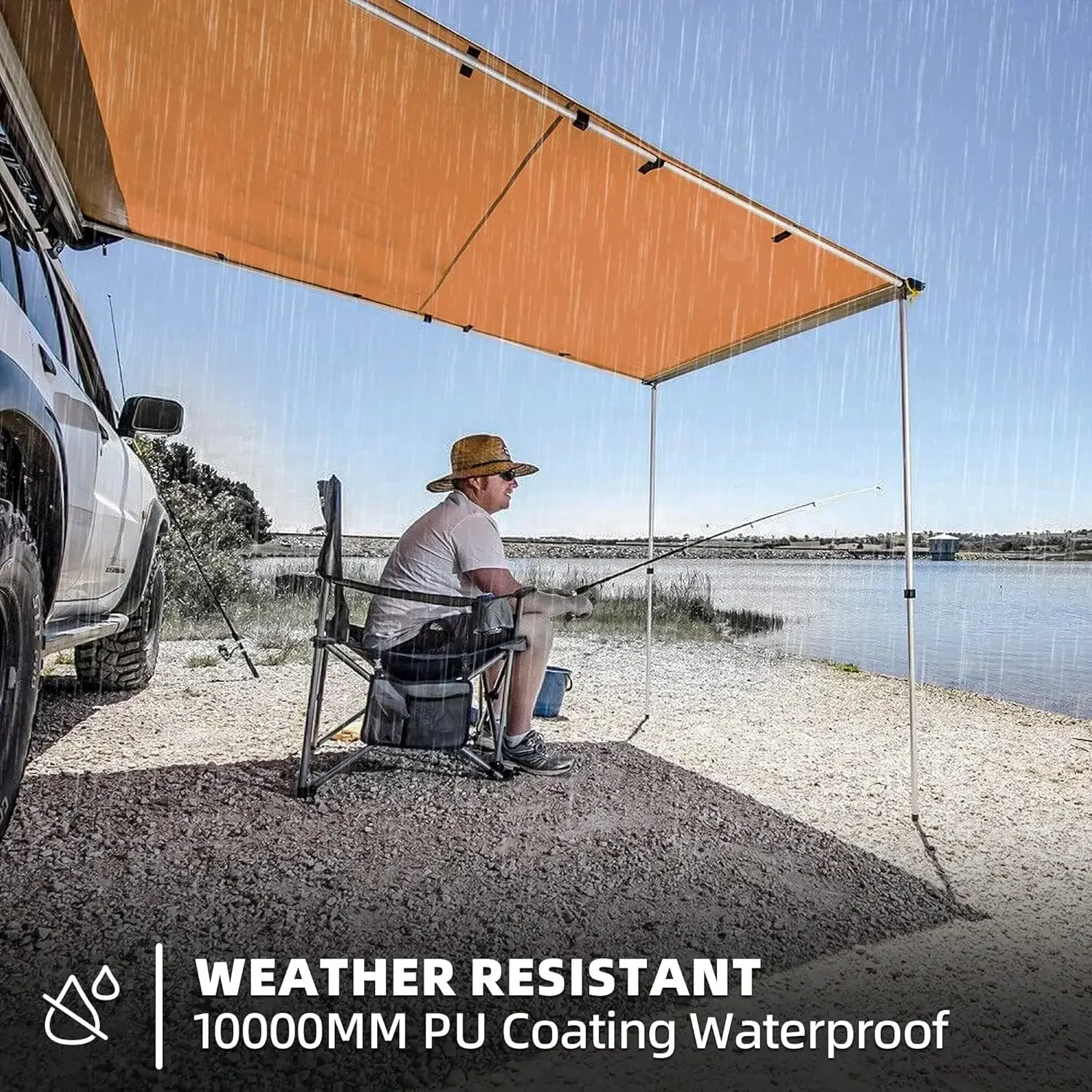 

[Discounted Price!]Vehicle Awning, 4.6ft x 6.6ft, Rooftop Pullout Ripstop UPF50+ Side Awning, Reinforced Hinges & Poles for Jeep