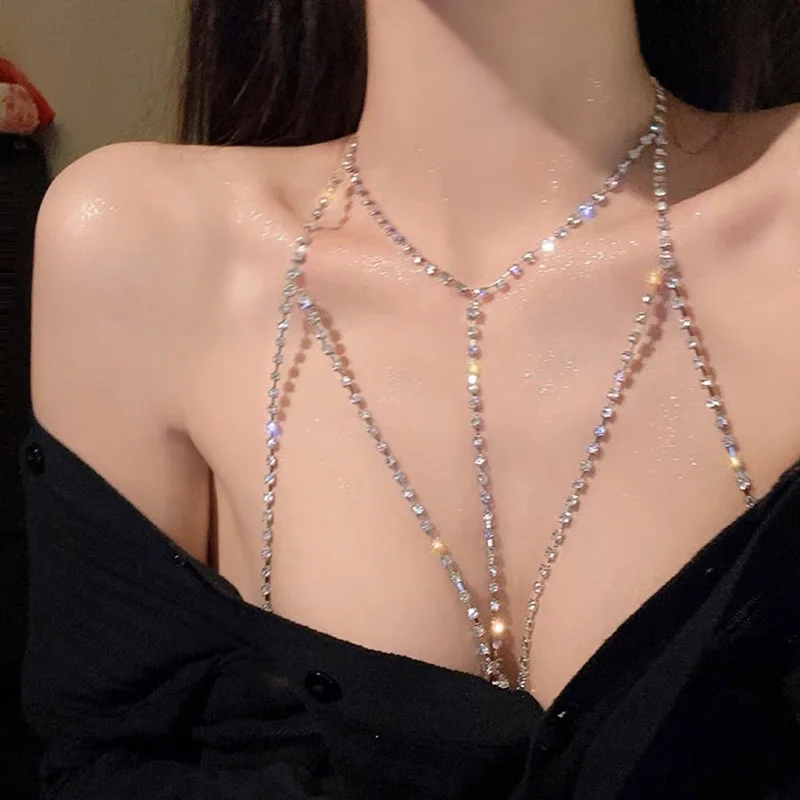 Shiny Rhinestones Tassel Sexy Chest Chain for Women Girls Fashion Metal Bra Cross Bikini Within Hollow Body Chain Jewelry