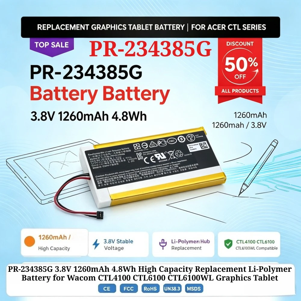 PR-234385G 3.8V 1260mAh 4.8Wh High Capacity Replacement Li-Polymer Battery for Wacom CTL4100 CTL6100 CTL6100WL Graphics Tablet