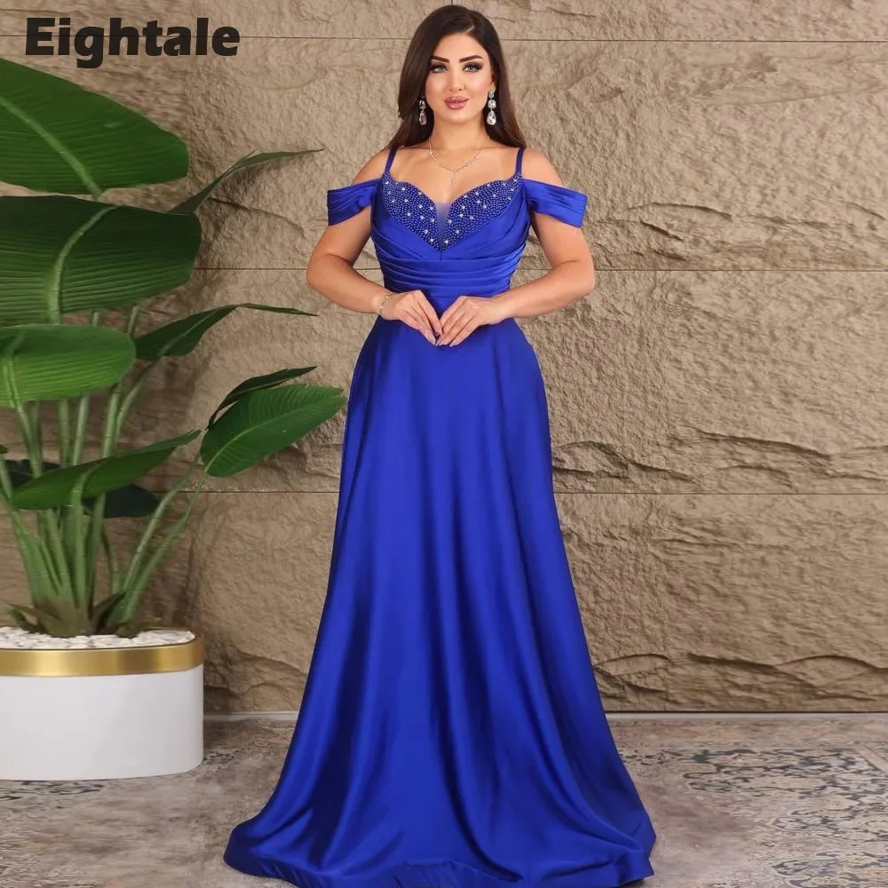 Eightale Luxurious Evening Dress Beaded with Pearls A-Line Customized Royal Blue Satin Wedding Party Gown Hochzeitspartykleid